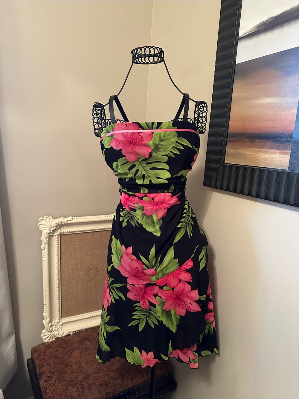 Y2K 2000’s Tropical Floral Midi Strapless Dress 🌺